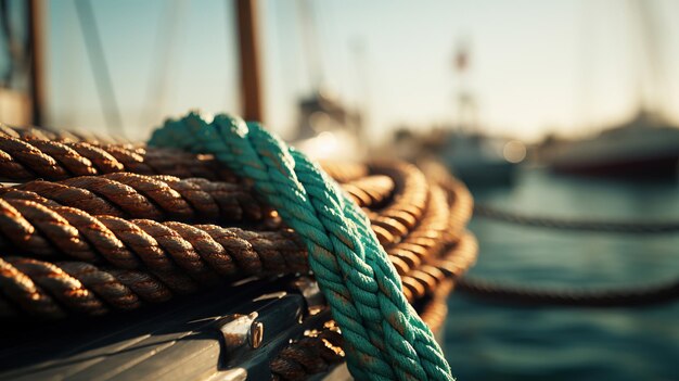 Photo near the sailboat a rope is positioned ready for maritime adventures