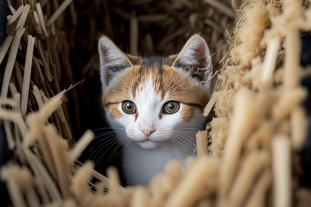近くの農場では、干し草の山の間からかわいい小さな茶色の猫がのぞいています