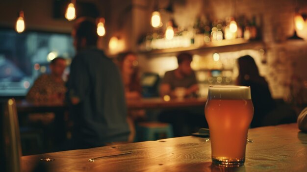 A nearly empty pint of beer on a wooden bar in a warmly lit pub 