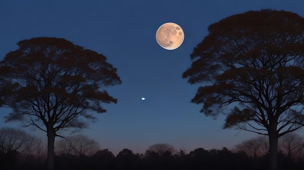 Nearly full moon with craters visible sets behind trees at dawn against a blue sky