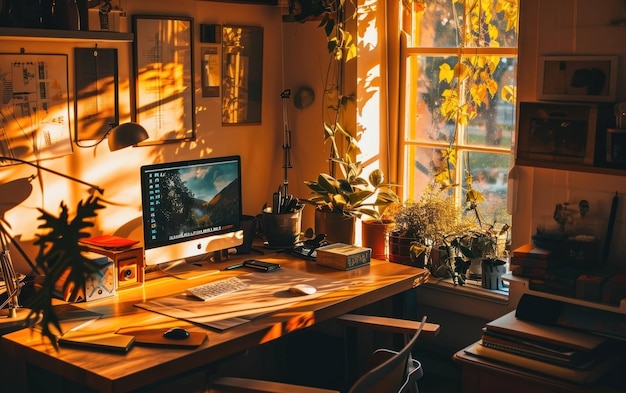 写真 清潔できれいなホームオフィスは朝の太陽に浴びています