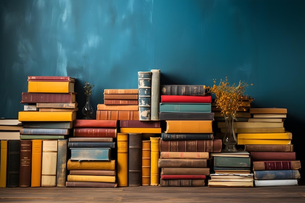 Neat arrangement of classic books on a wooden table can be used as a backdrop for product displays