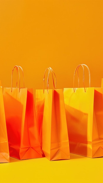 A neat arrangement of modern orange shopping bags on a matching yellow background