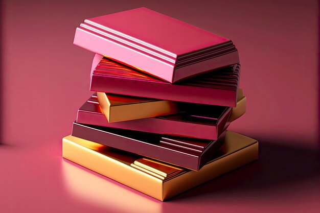 Neat bars of ruby and gold chocolate on pink background