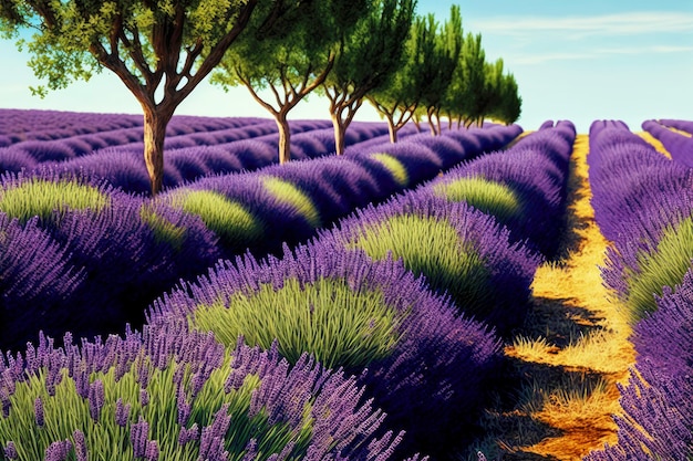 Neat lavender bushes in even rows of fragrant lavanda field