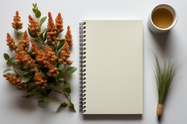 Neat office desk with notebook mockup on white