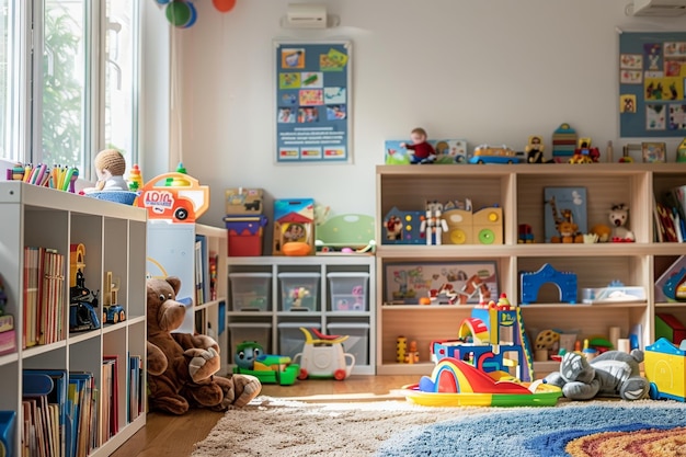 おもちゃ本指定された遊び場を備えたきれいで秩序ある子供の遊び部屋