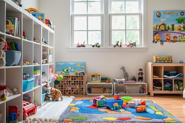 麗で整理された子供の遊び部屋で,様々なおもちゃや本,広大な遊び場があります.
