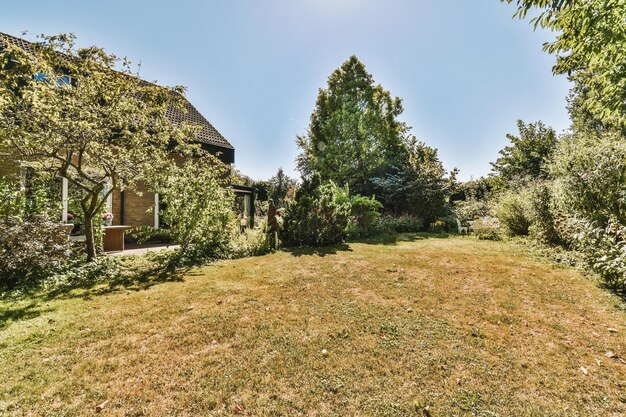 Neat paved patio with sitting area and small garden near wooden fence