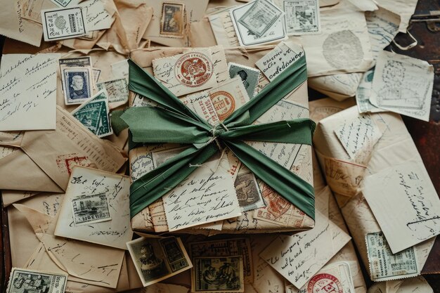 Foto una pila ordinata di lettere e buste invecchiate legate insieme da un nastro verde vibrante una scatola regalo ricoperta di lettere scritte a mano e francobolli d'epoca generata dall'ia