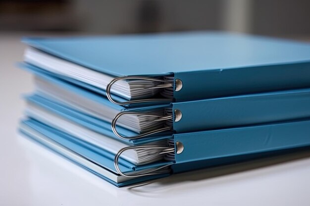 Photo neat stack of blue binders on a wooden table generative ai