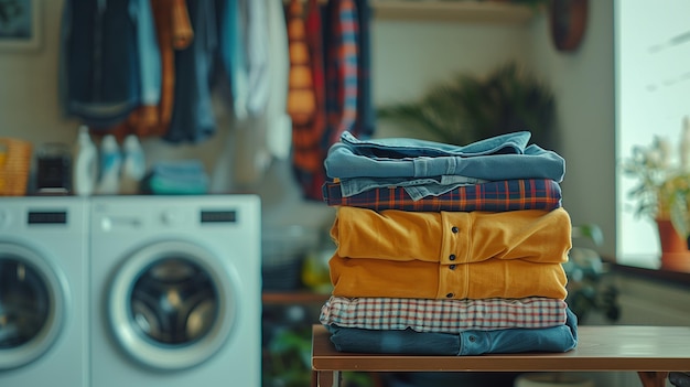 A neat stack of clothes placed in front of a washing machine in a tidy laundry room