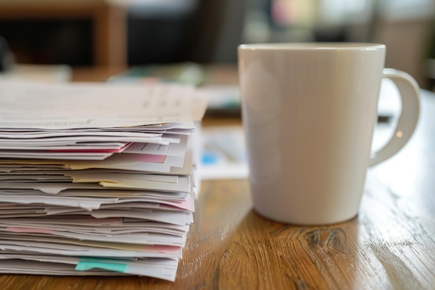 Аккуратная стопка бумаг расположена рядом с парящей чашечкой кофе на столе стопка деловых документов с кружкой кафе на столе ИИ сгенерирован