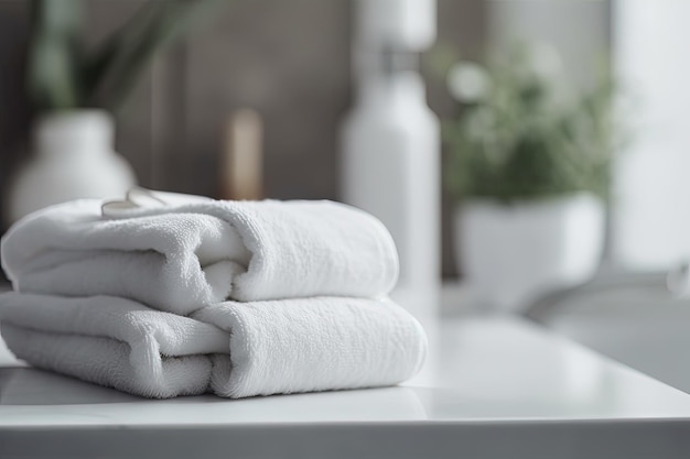 Neat stack of white towels on a clean white countertop created with Generative AI technology