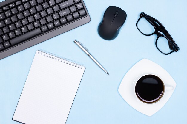 Neat workplace table top view. Workspace minimal flat lay