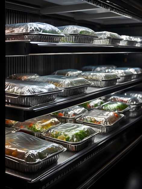 Neatly arranged aluminum foil containers on supermarket shelves