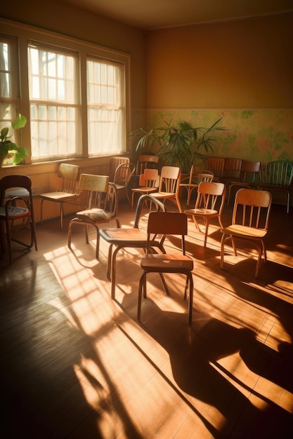 Foto sedie ben disposte in un'aula illuminata dal sole creata con l'ia generativa