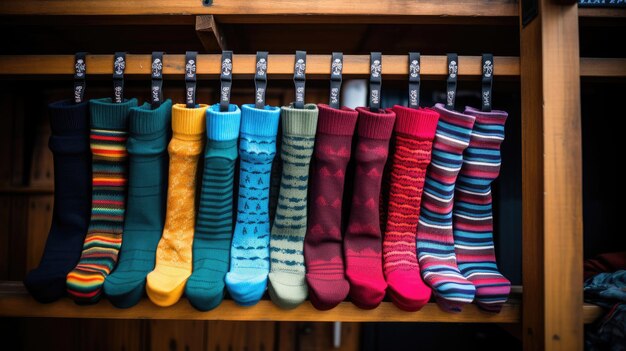 Neatly arranged colorful ski socks on wooden rack