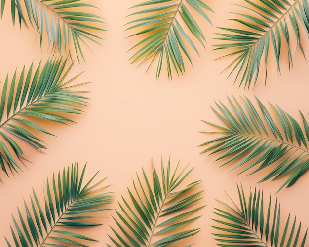 Photo neatly arranged palm fronds on pastel backdrop