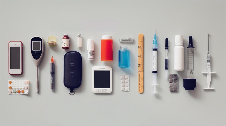 A neatly arranged set of everyday objects including tech gadgets stationery and personal items symbo
