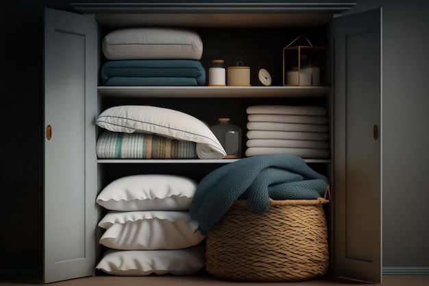 Neatly folded bed linen in the closet