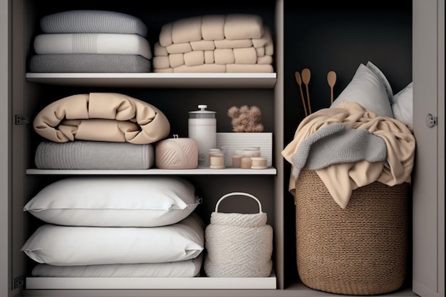 Neatly folded bed linen in the closet