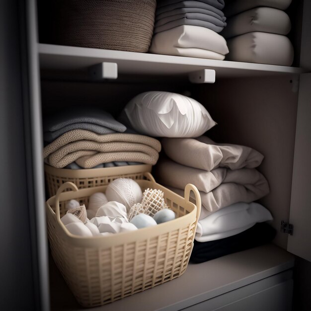 Neatly folded bed linen in the closet