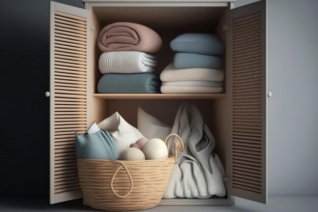 Neatly folded bed linen in the closet