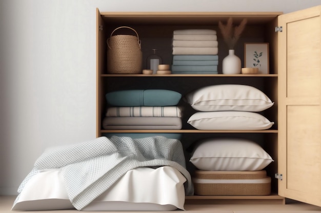 Neatly folded bed linen in the closet