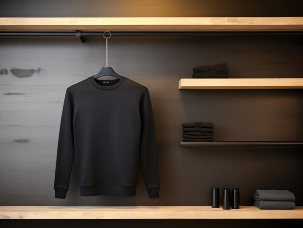 Neatly Folded Black Sweatshirt Placed on a Shelf