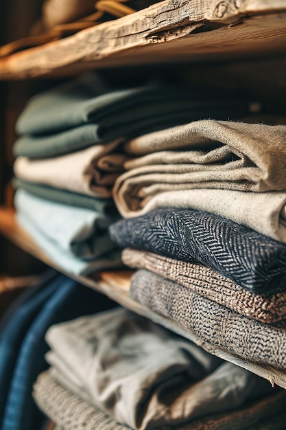 Neatly folded clothing in a variety of colors and patterns are stacked on wooden shelves showcasing a cozy and organized closet space