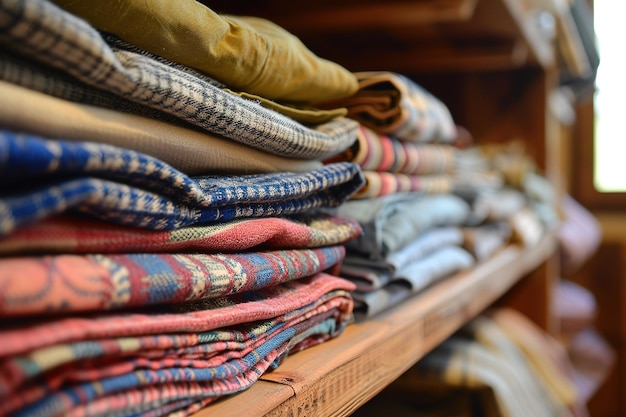 Аккуратно сложенная одежда в различных цветах и узорах складывается на деревянных полках, демонстрируя уютное и организованное место в шкафу