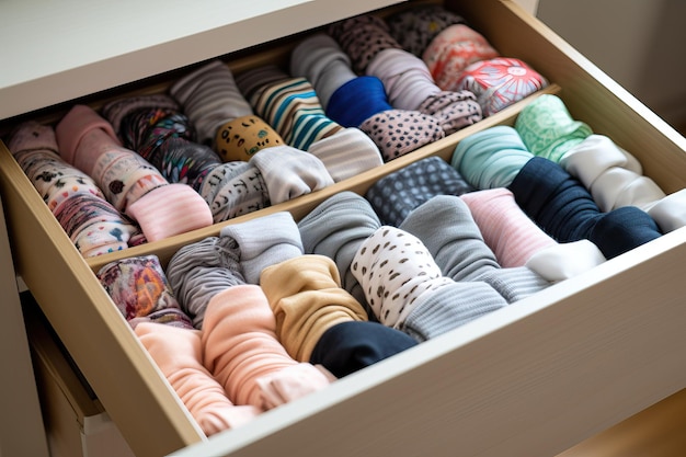 Neatly Folded Knits and Socks in Dresser Drawer Organized Storage Concept