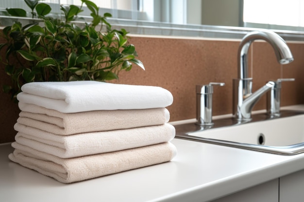 Neatly folded towels next to clean sink