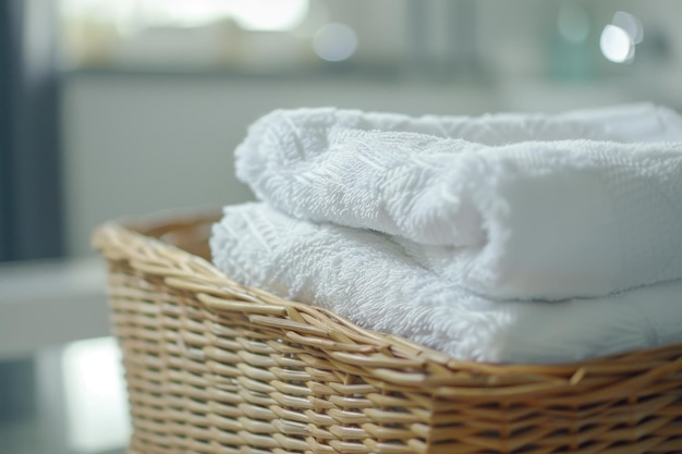 Neatly folded white towels in wicker laundry basket