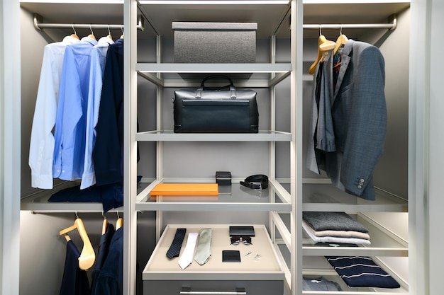 Neatly organized men's closet with suit shirt tie and other business attire