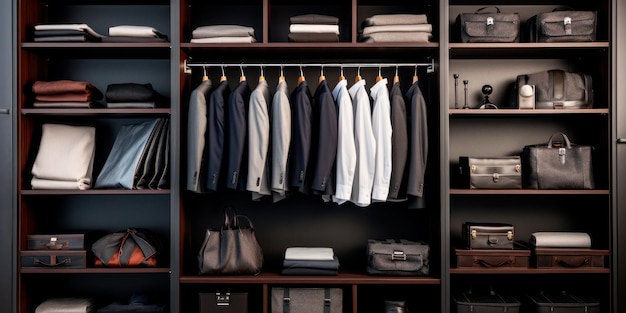 Photo a neatly organized wardrobe with a range of business attire ai generative