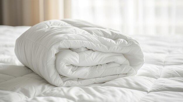 Photo neatly rolled white duvet on a clean bed in a bright contemporary bedroom during the daytime