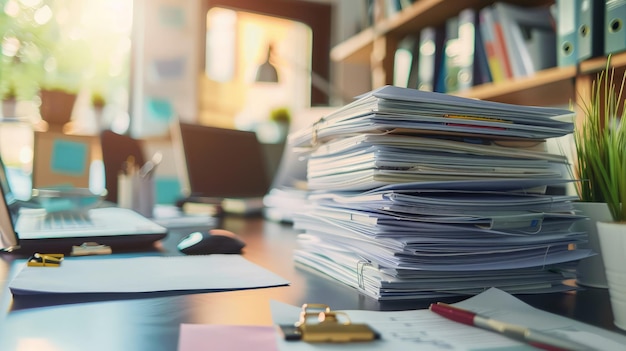 Neatly stacked piles of documents organized on a desk symbolizing efficiency and productivity in a busy office environment