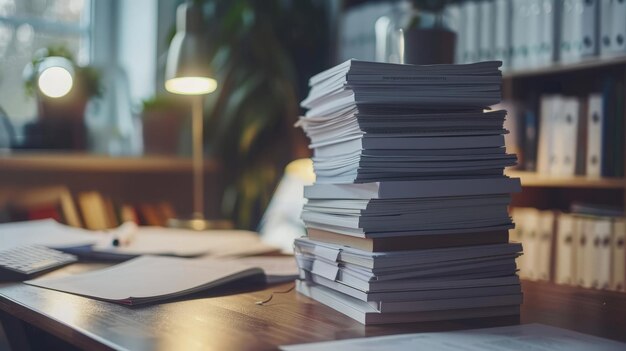 Neatly stacked piles of documents organized on a desk symbolizing efficiency and productivity in a busy office environment