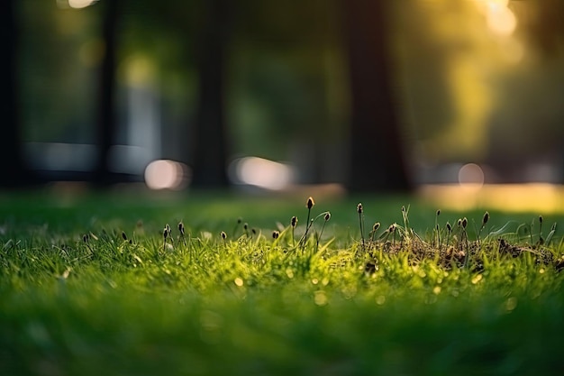 Neatly trimmed lawn on blurred spring background Ground level view Generative AI illustration