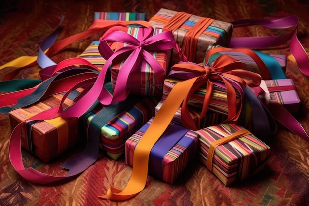 Neatly wrapped gifts with colorful festive ribbons created with generative ai