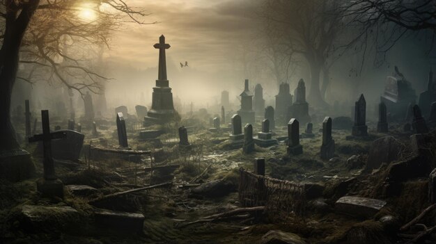 Nebel gehuld kerkhof met oude graven