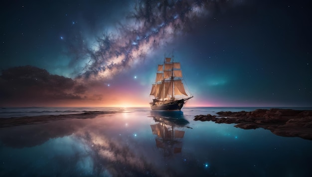 天の川銀河と星雲の星雲地平線 HD 背景海景上の帆船
