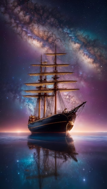 Nebula Horizon HD Background of Milky Way Galaxy and Nebula Sails Ship on Seascape