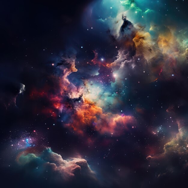 Nebula with stars and multicoloured clouds background created using generative ai technology