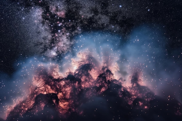 Nebulae and clusters in a view of the night sky with stars shining above