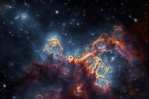 Nebulae and star clusters in a deepspace view with distant galaxies in the background