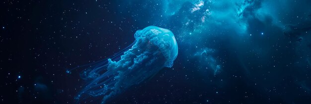 写真 宇宙の海に浮かぶ 輝く水母の形をした星雲 輝く光の光で輝く
