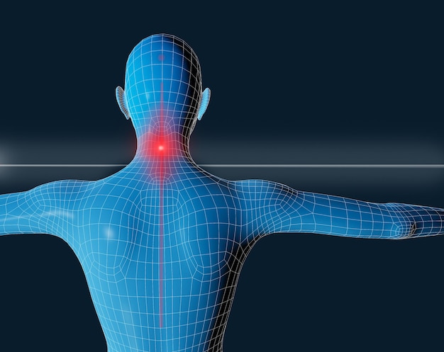 Neck and cervical pain. Frontal image of a  mesh of a blue man with pain in neck